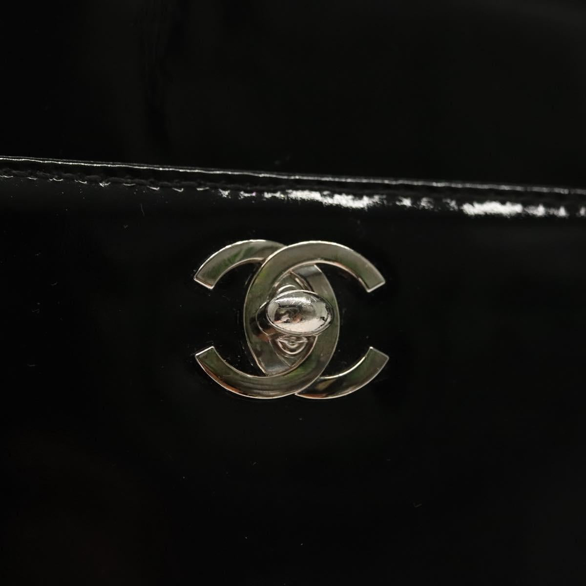 CHANEL Chain Hand Bag Enamel Black Silver CC Auth bs29249
