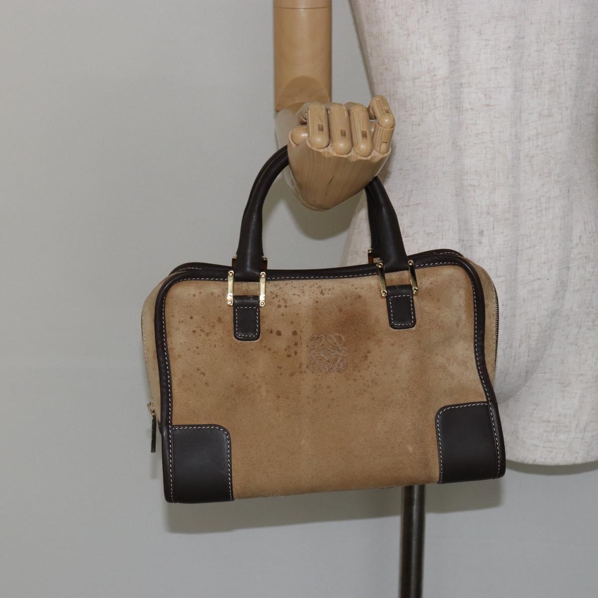 LOEWE Anagram Amazonas 23 Hand Bag Suede Leather Beige Gold Auth bs29255