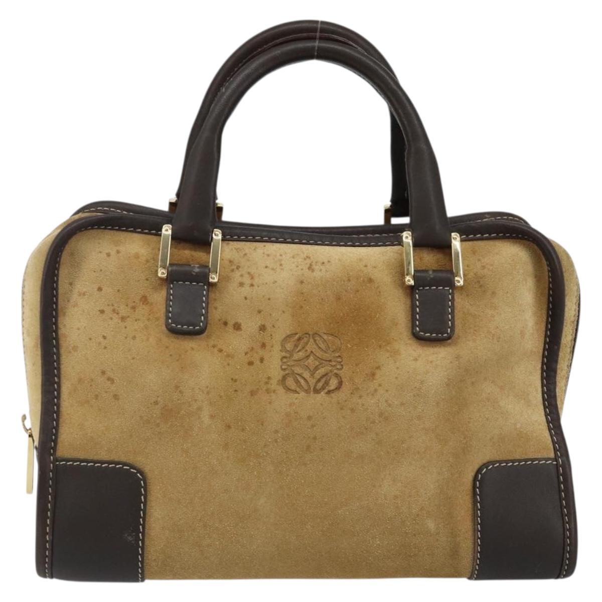 LOEWE Anagram Amazonas 23 Hand Bag Suede Leather Beige Gold Auth bs29255