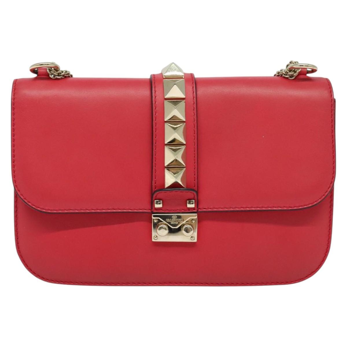 VALENTINO Studs Chain Shoulder Bag Leather Pink Gold Auth bs29260