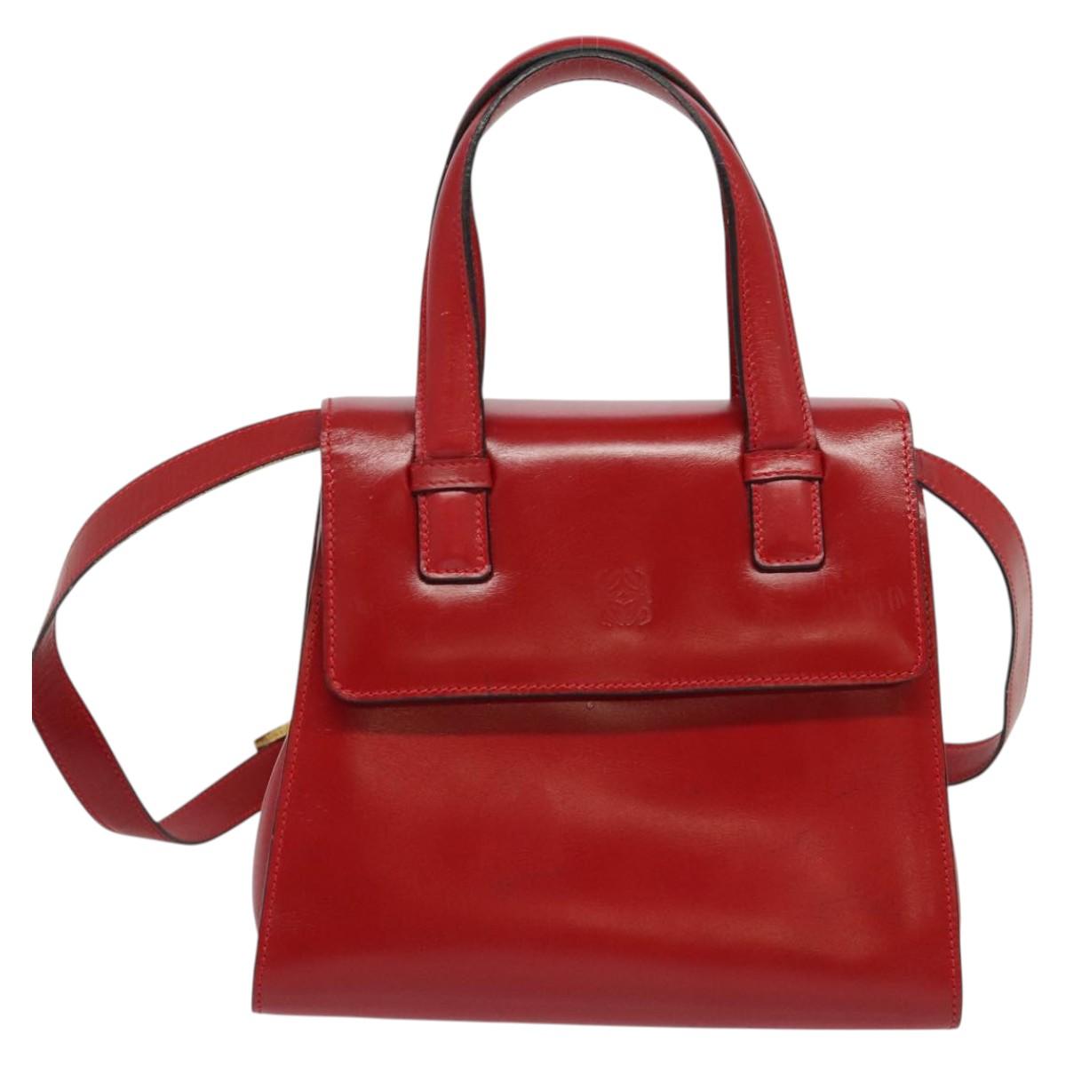 LOEWE Anagram Hand Bag Leather 2way Red Gold Auth bs29264