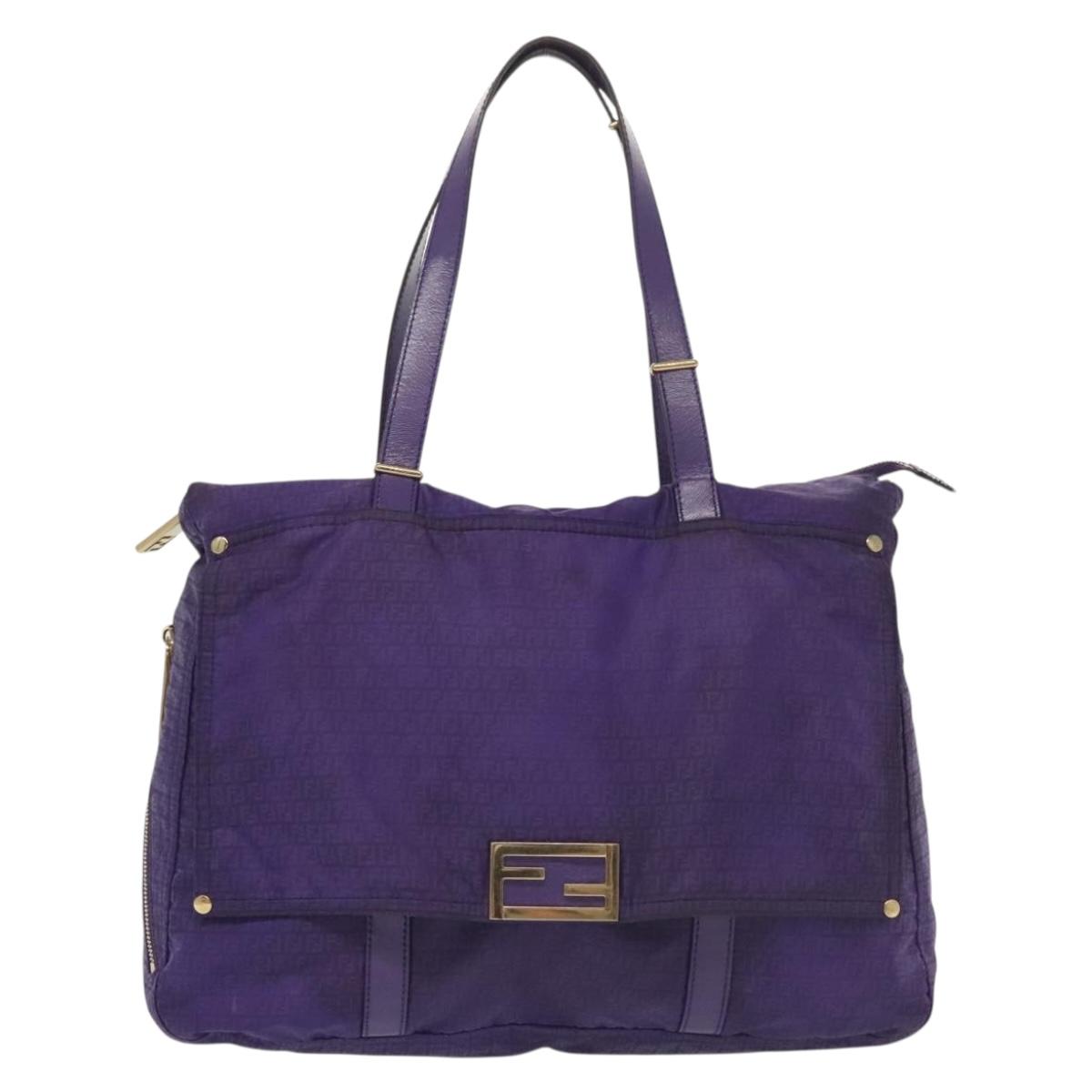 FENDI Zucchino Canvas Tote Bag Nylon Purple Gold Auth bs29272