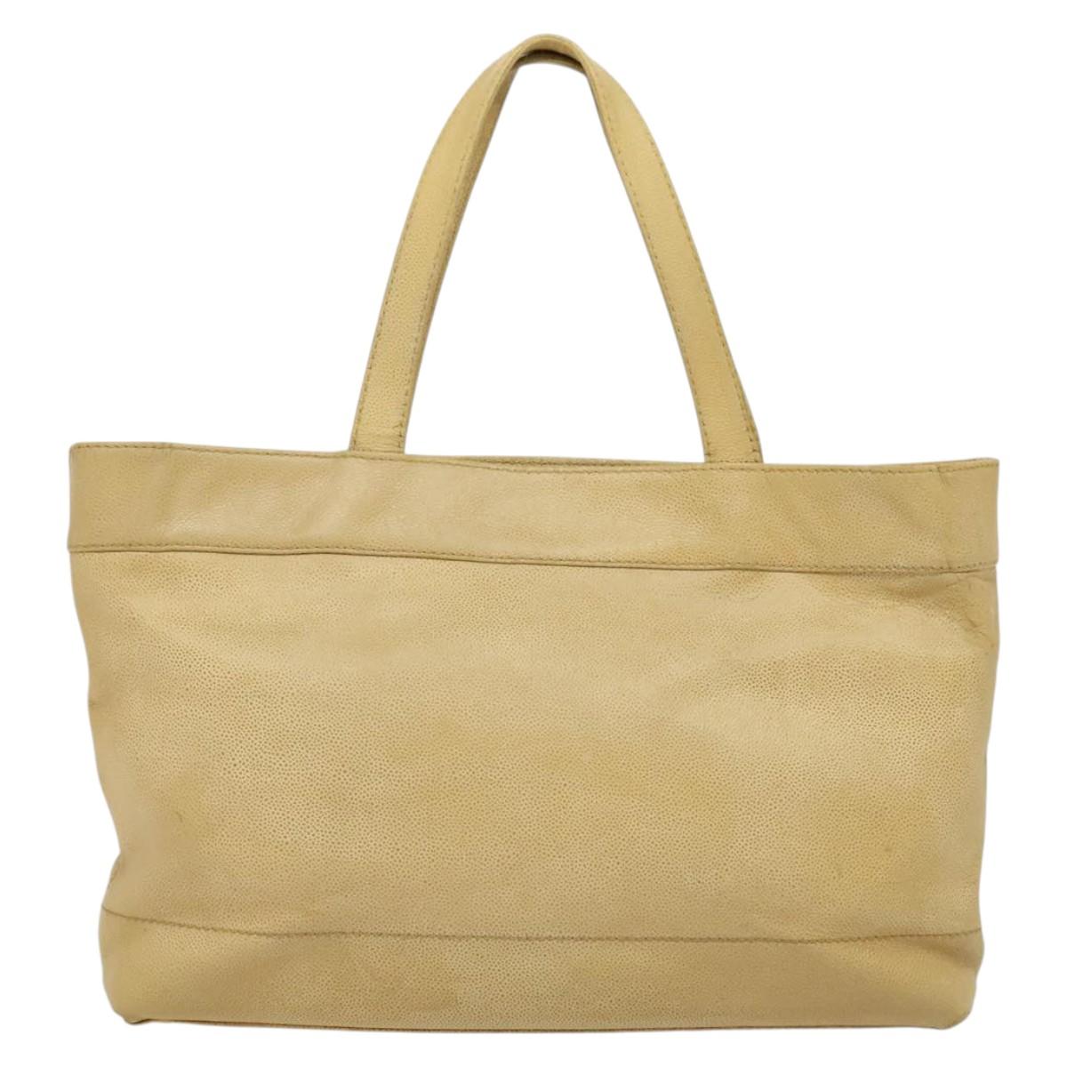 CHANEL Tote Bag Caviar Skin Beige Gold CC Auth bs29277