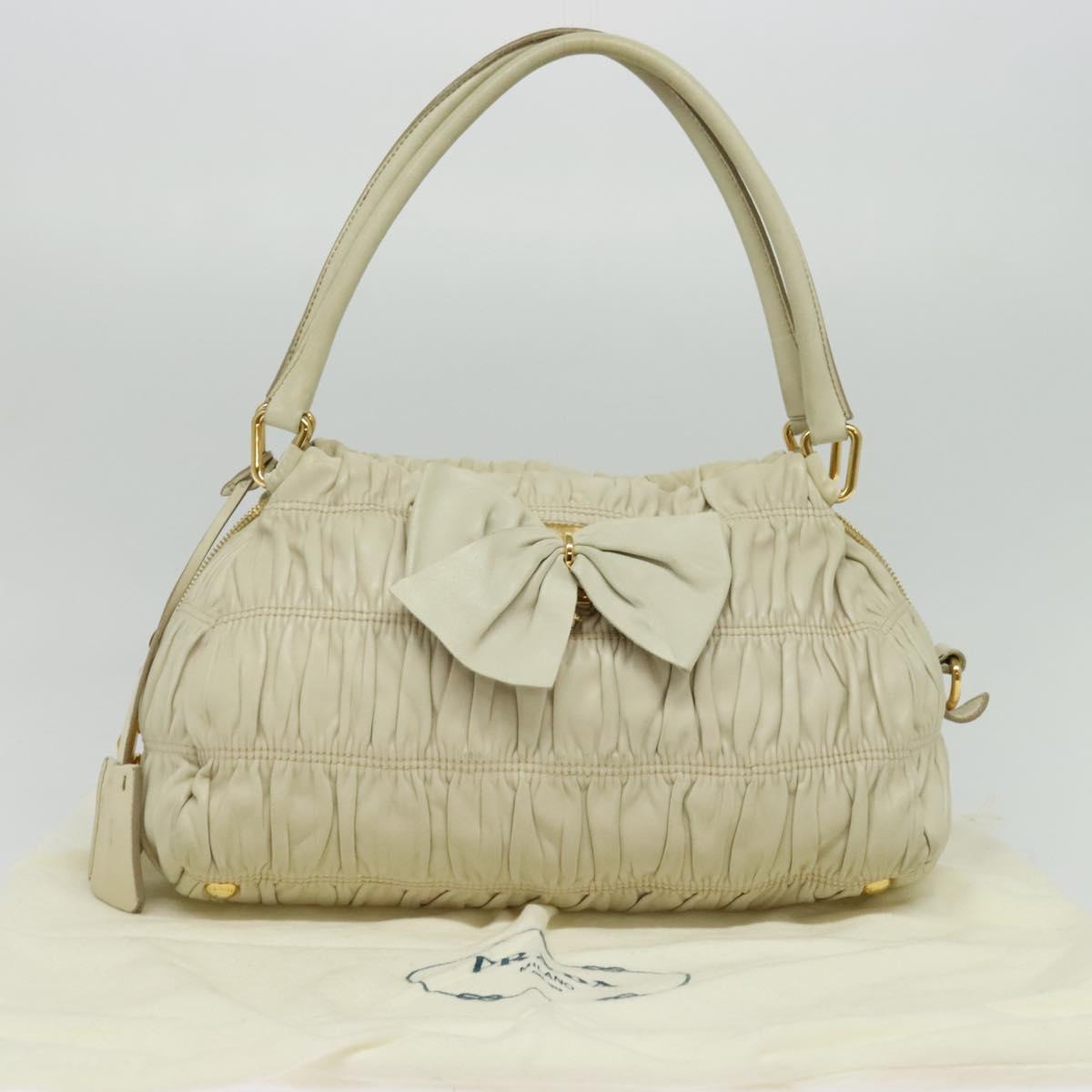 PRADA Gathered Shoulder Bag Leather Light Beige Gold Auth bs29311