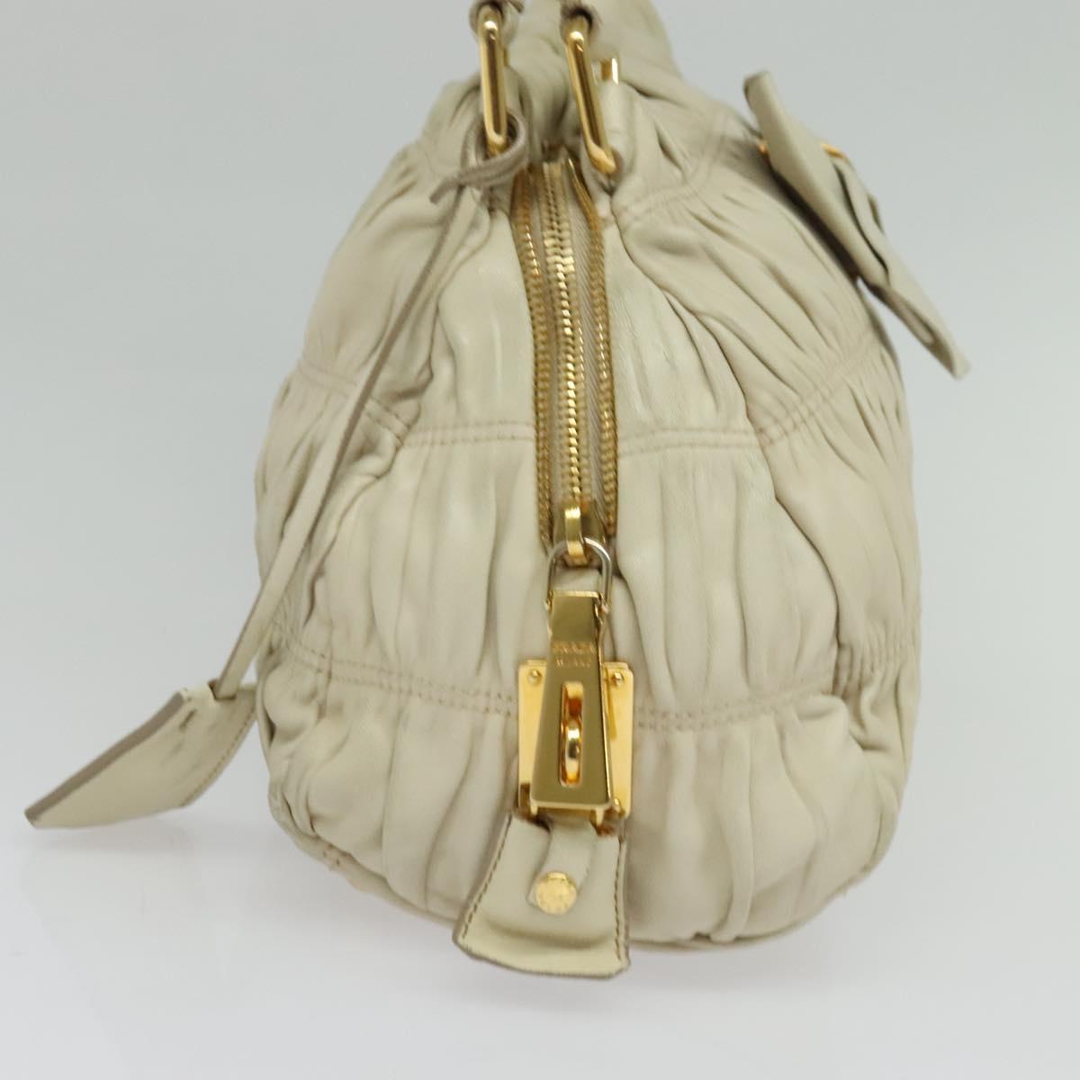 PRADA Gathered Shoulder Bag Leather Light Beige Gold Auth bs29311