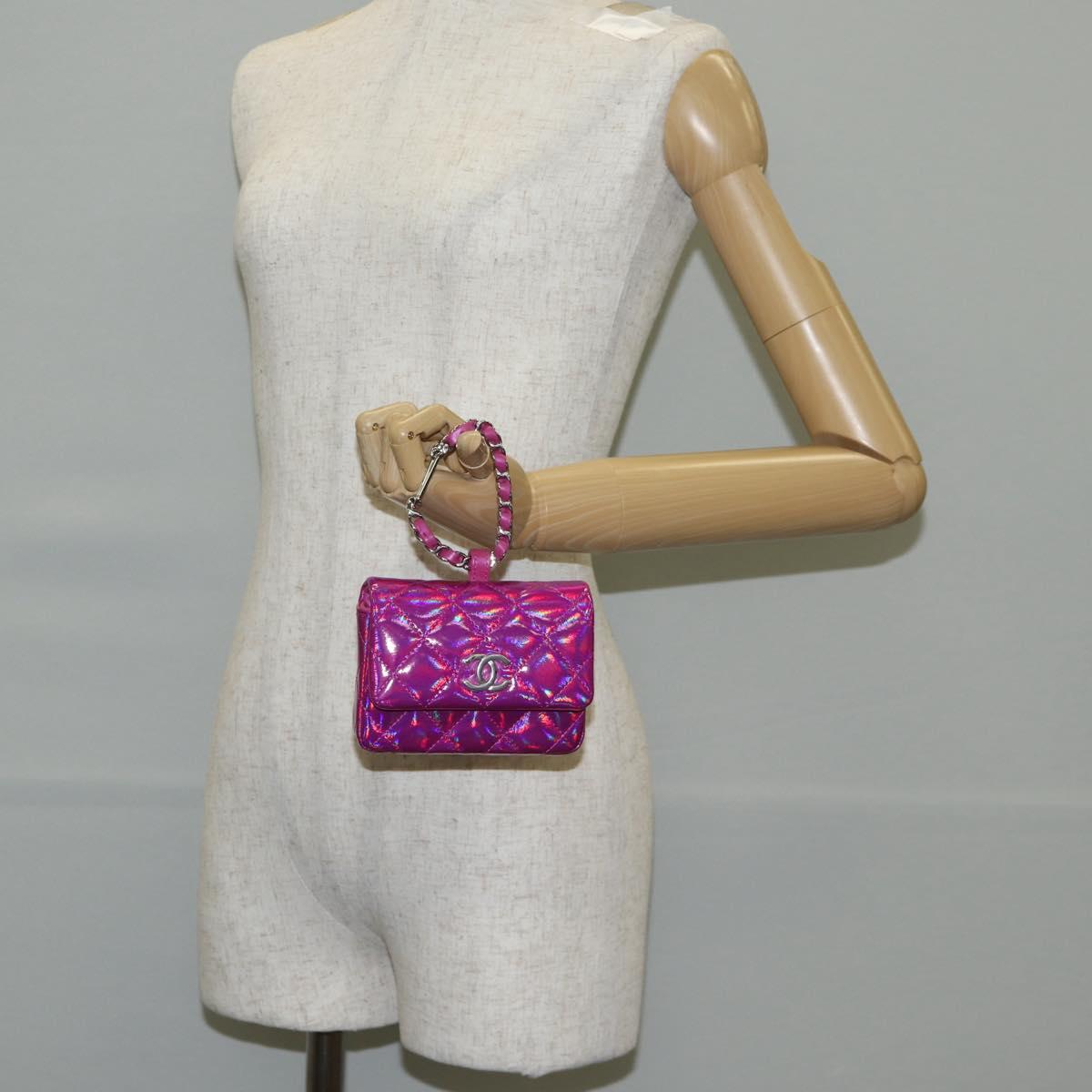 CHANEL Matelasse Pouch Patent leather Pink Silver CC Auth bs29324SM