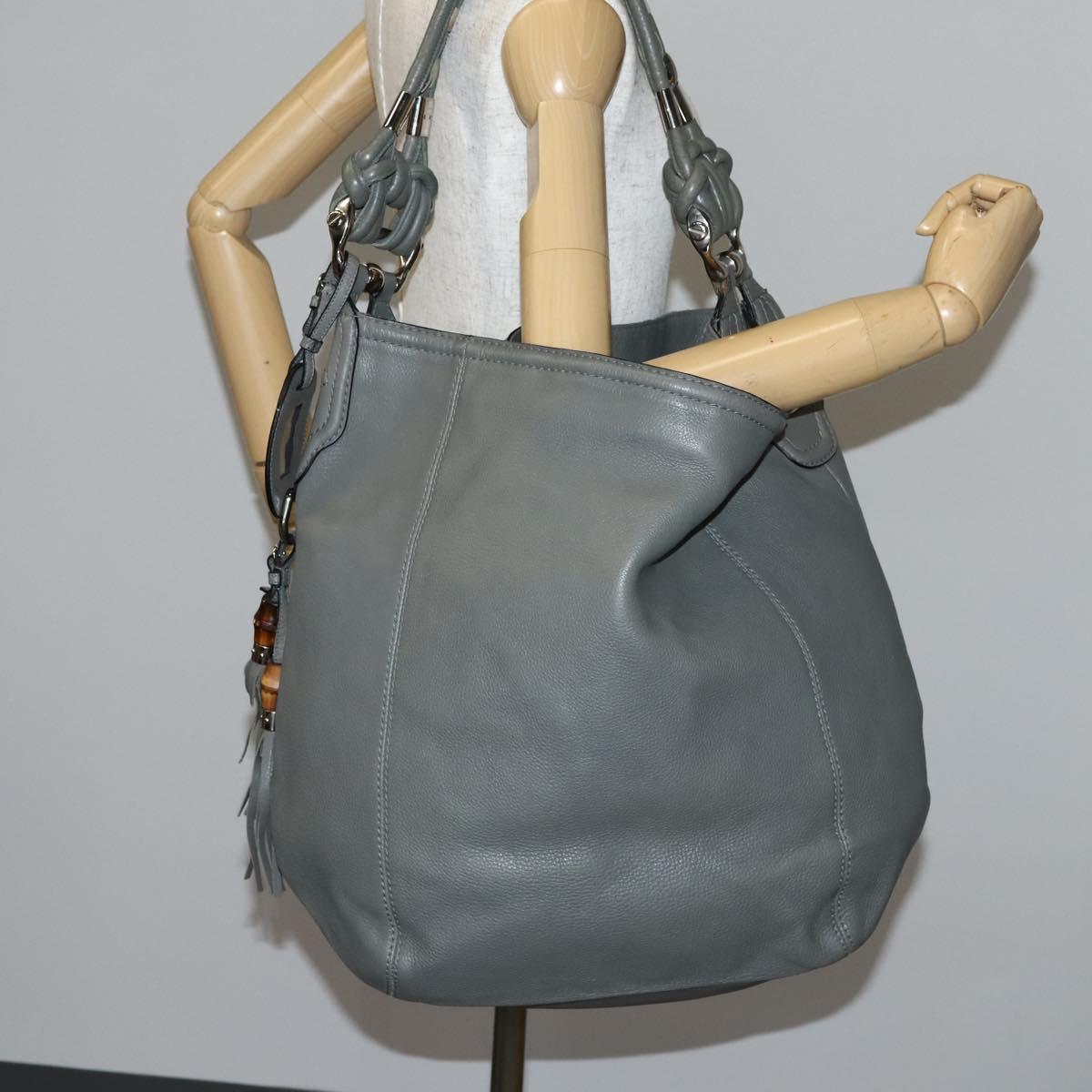 GUCCI Bamboo Shoulder Bag Leather Gray Gold Auth bs29327