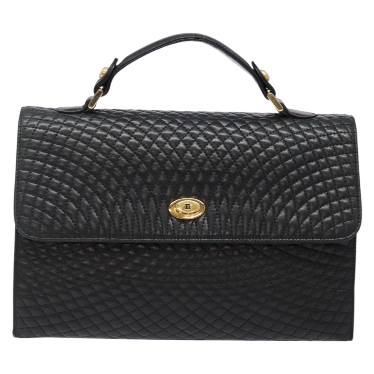 BALLY Quilted Hand Bag Leather Gold Black Auth bs29339