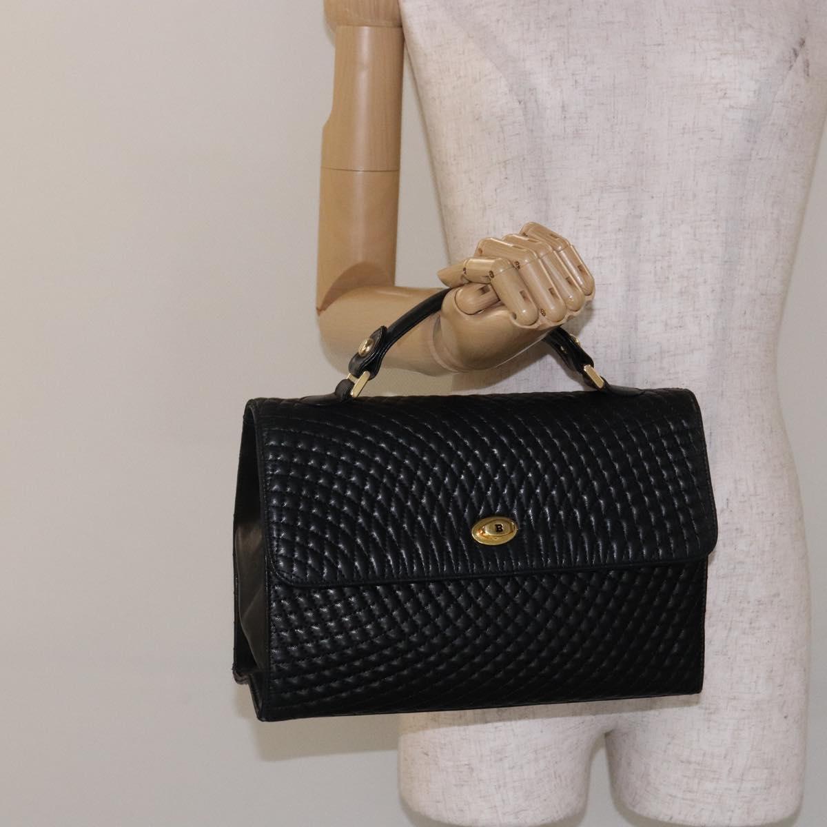 BALLY Quilted Hand Bag Leather Gold Black Auth bs29339