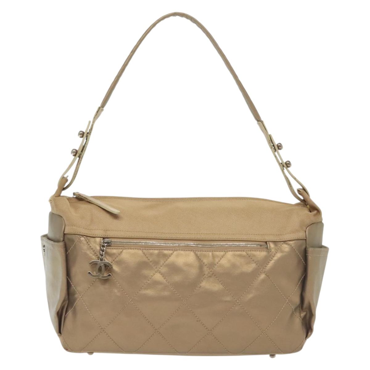 CHANEL Paris Biarritz Shoulder Bag Coated Canvas Beige Silver CC Auth bs29354