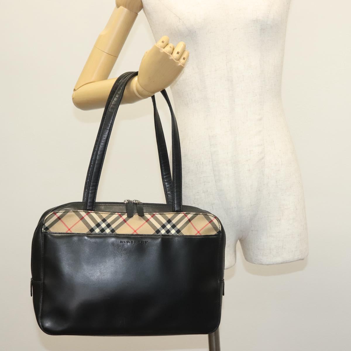 BURBERRY Hand Bag Leather nylon Black Beige Silver Auth bs29360