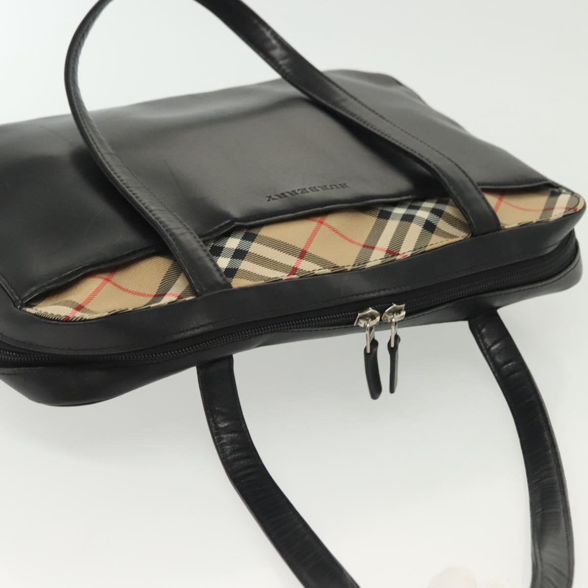 BURBERRY Hand Bag Leather nylon Black Beige Silver Auth bs29360
