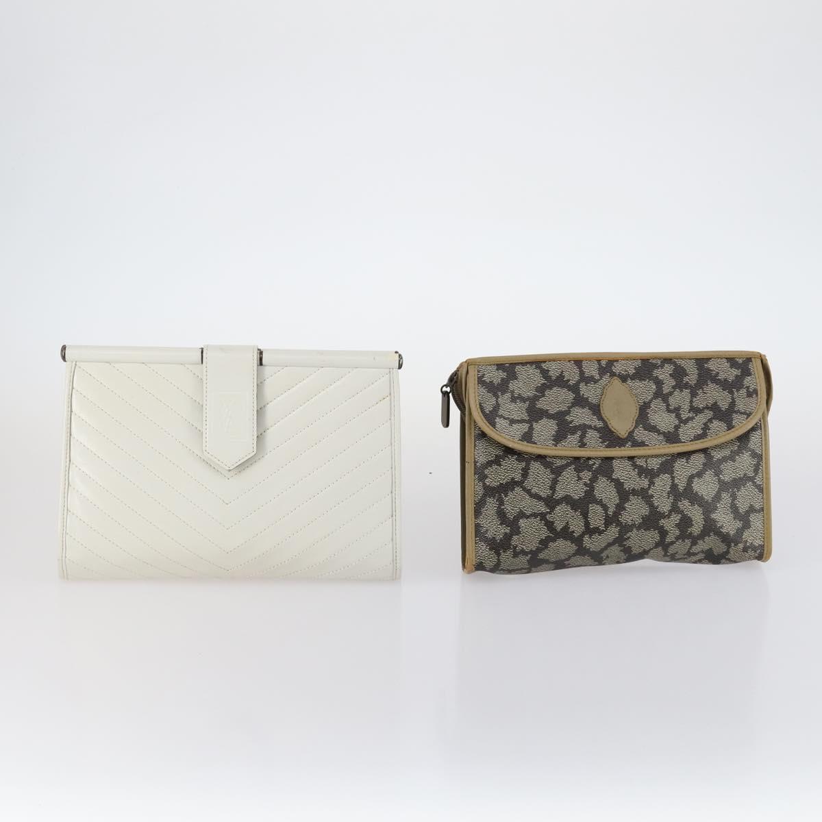 SAINT LAURENT Bag Leather Canvas PVC 8 Set Gray Beige White Auth bs29366