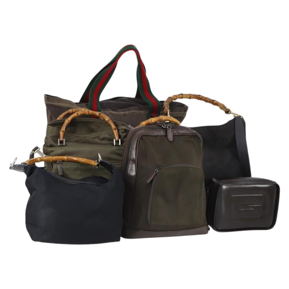GUCCI Bamboo Web Sherry Line Bag Leather Canvas 6Set Beige Black Auth bs29373