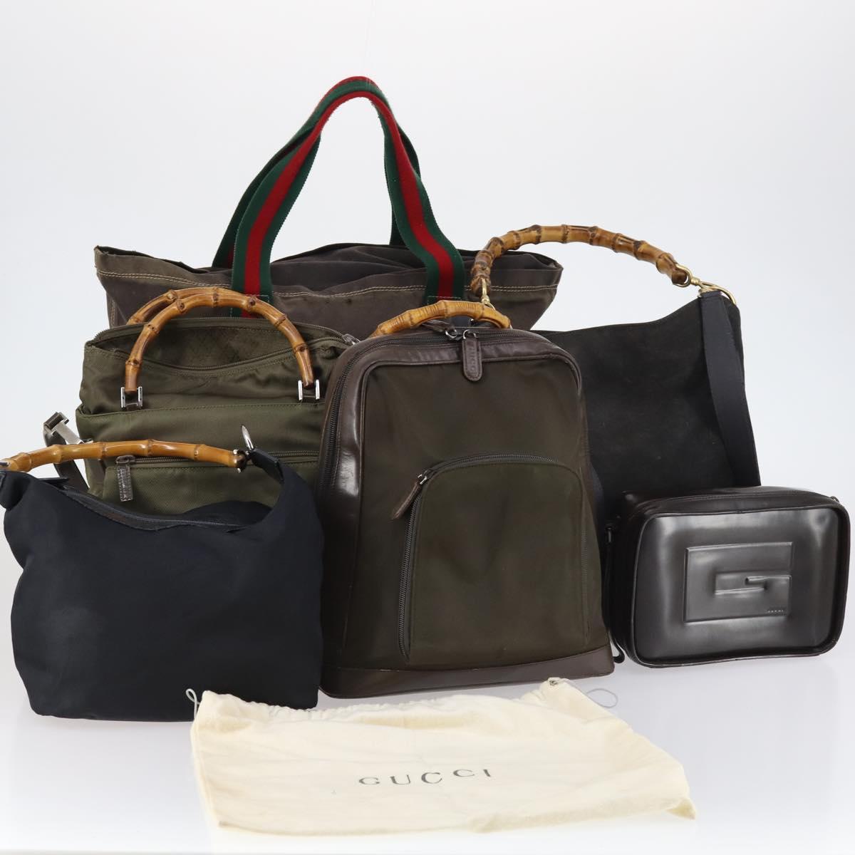 GUCCI Bamboo Web Sherry Line Bag Leather Canvas 6Set Beige Black Auth bs29373