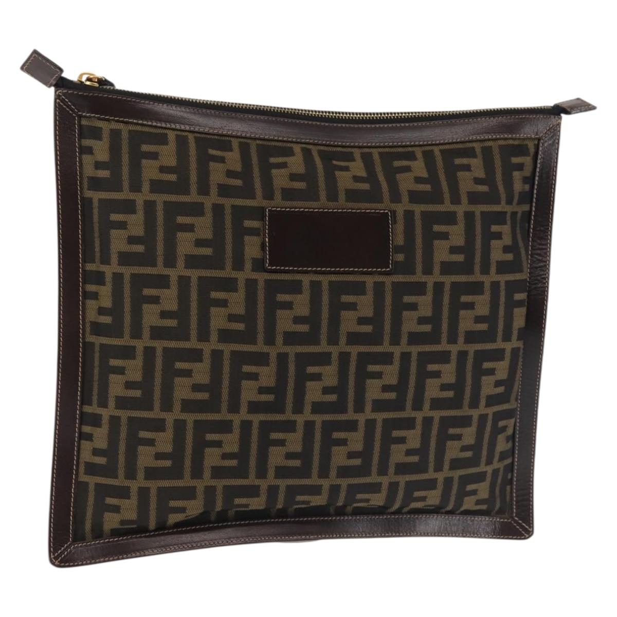 FENDI Zucca Canvas Clutch Bag Black Brown gold Auth bs29397