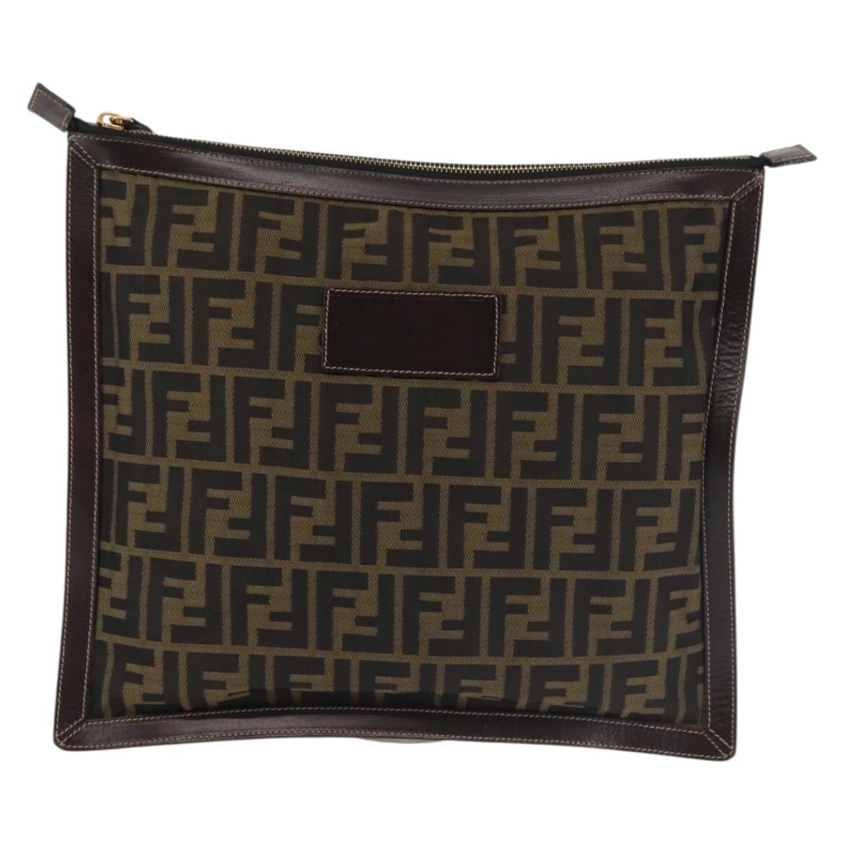 FENDI Zucca Canvas Clutch Bag Black Brown gold Auth bs29397