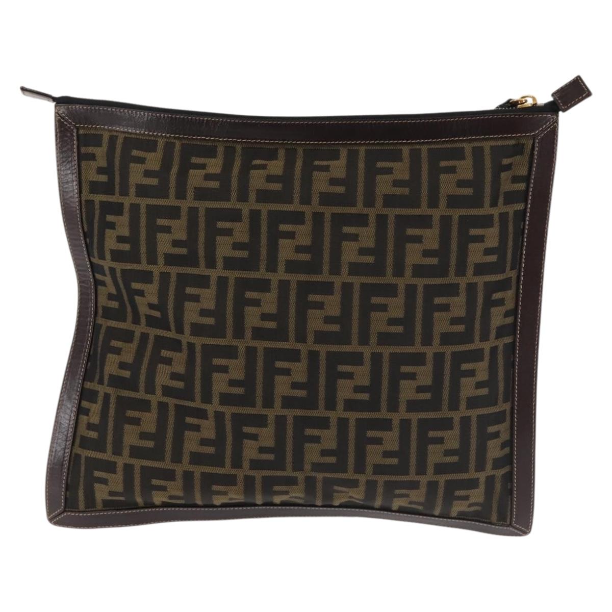 FENDI Zucca Canvas Clutch Bag Black Brown gold Auth bs29397