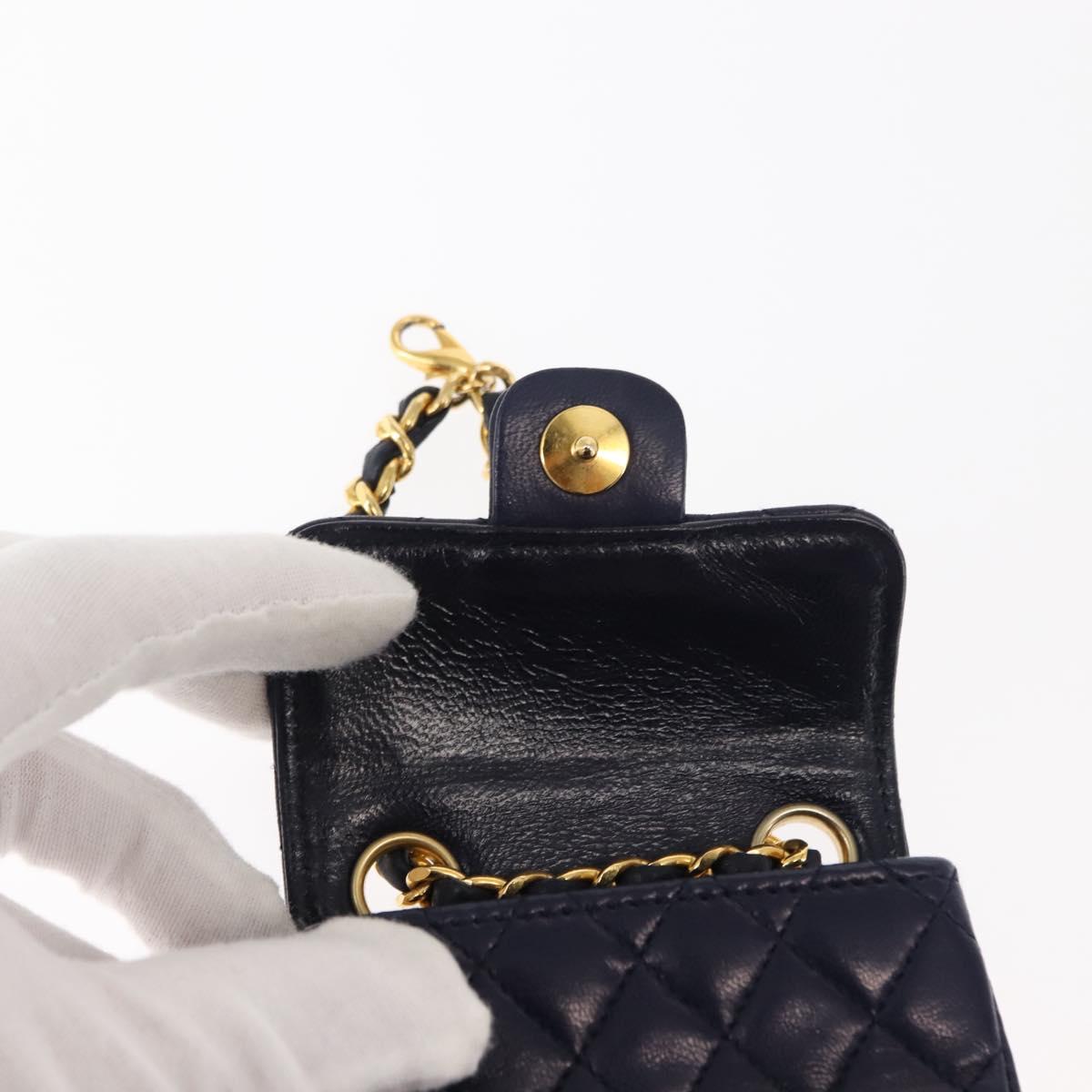 CHANEL Mini Mini Matelasse Chain Pouch Lamb Skin Navy Gold CC Auth bs29409