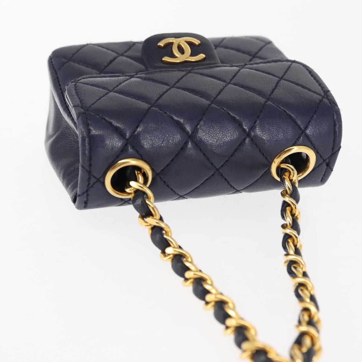 CHANEL Mini Mini Matelasse Chain Pouch Lamb Skin Navy Gold CC Auth bs29409