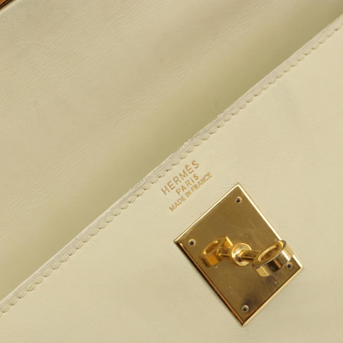 HERMES Bock Scarf Kelly 32 Hand Bag Leather 2way White Gold Auth bs29415