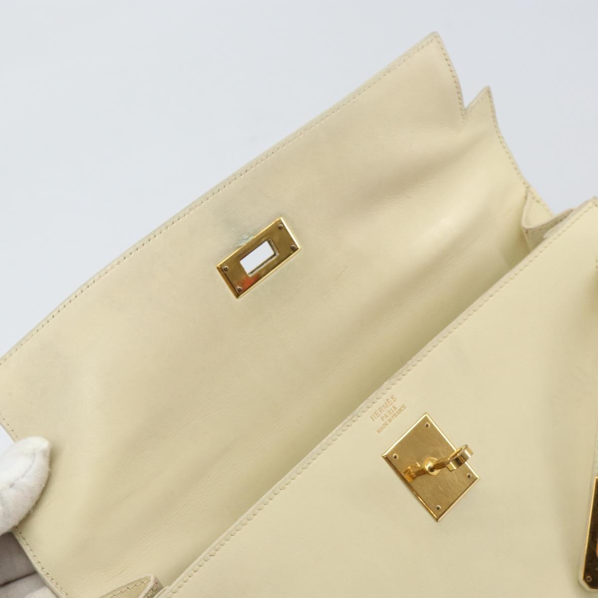 HERMES Bock Scarf Kelly 32 Hand Bag Leather 2way White Gold Auth bs29415