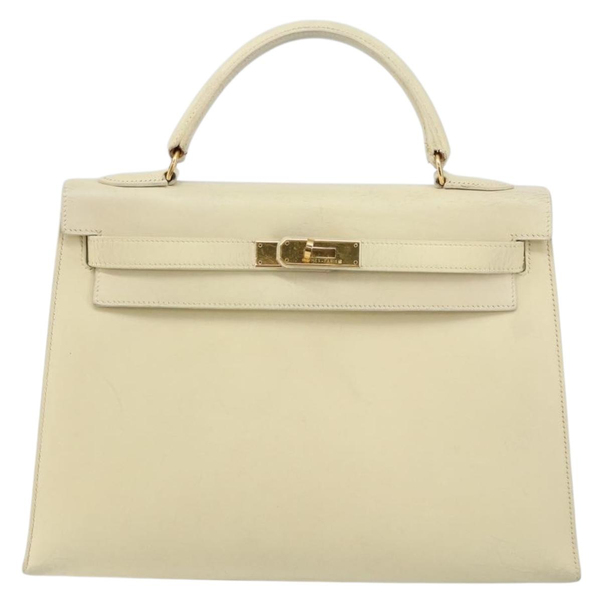 HERMES Bock Scarf Kelly 32 Hand Bag Leather 2way White Gold Auth bs29415