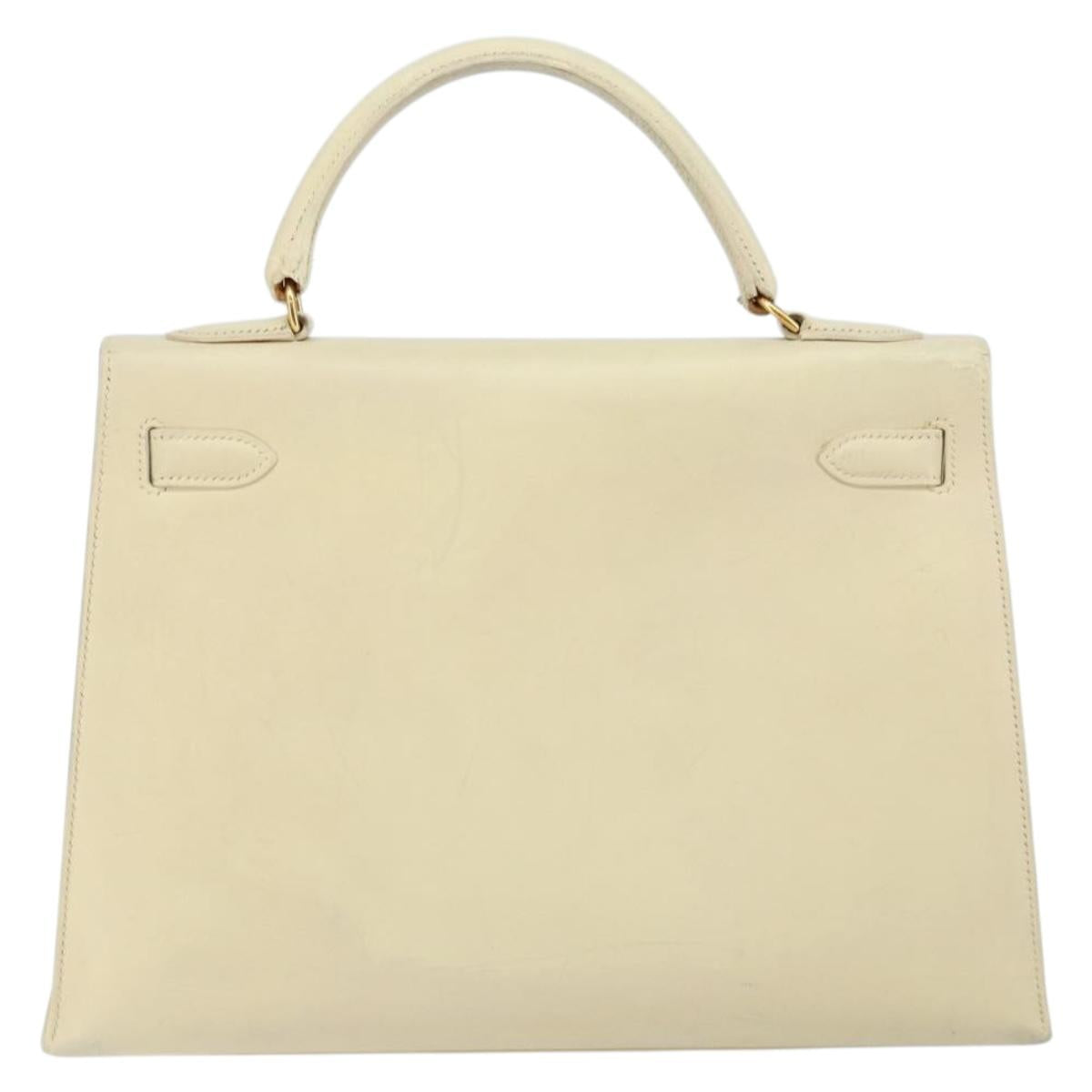 HERMES Bock Scarf Kelly 32 Hand Bag Leather 2way White Gold Auth bs29415