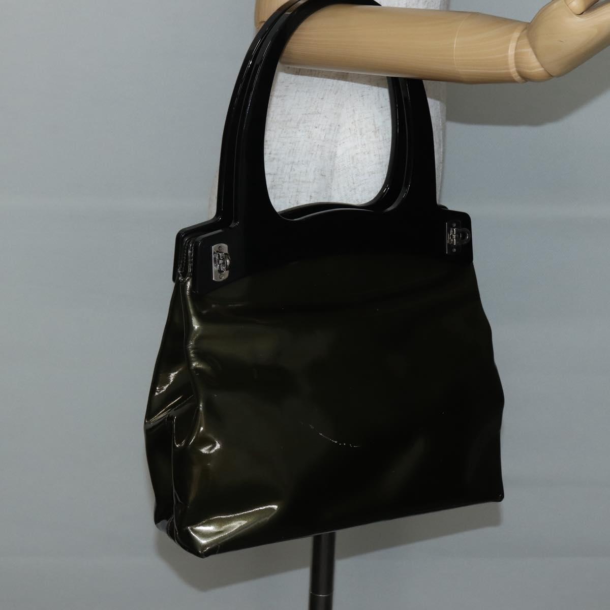 Salvatore Ferragamo Gancini Bag Patent leather Silver Olive Green Auth bs29443