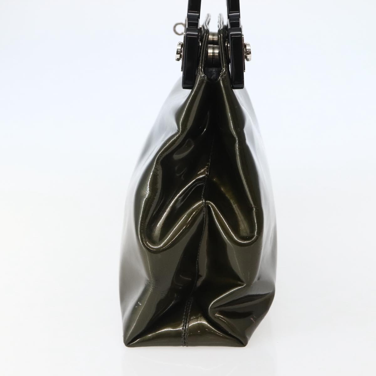 Salvatore Ferragamo Gancini Bag Patent leather Silver Olive Green Auth bs29443