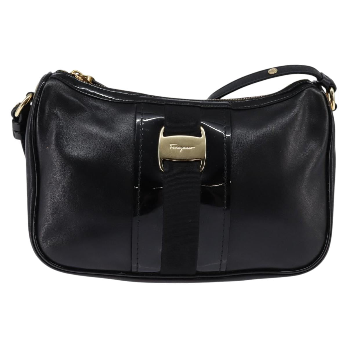 Salvatore Ferragamo Vala Shoulder Bag Leather Black Gold Auth bs29448