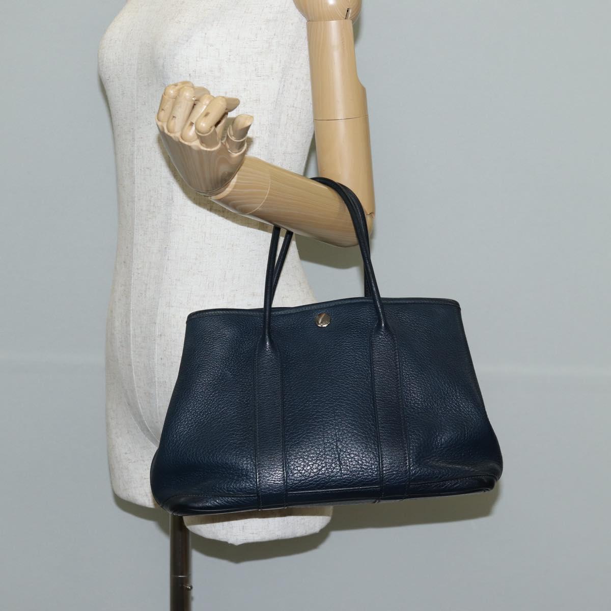 HERMES Negonda Garden Party TPM Hand Bag Leather Navy Silver Auth bs29450A