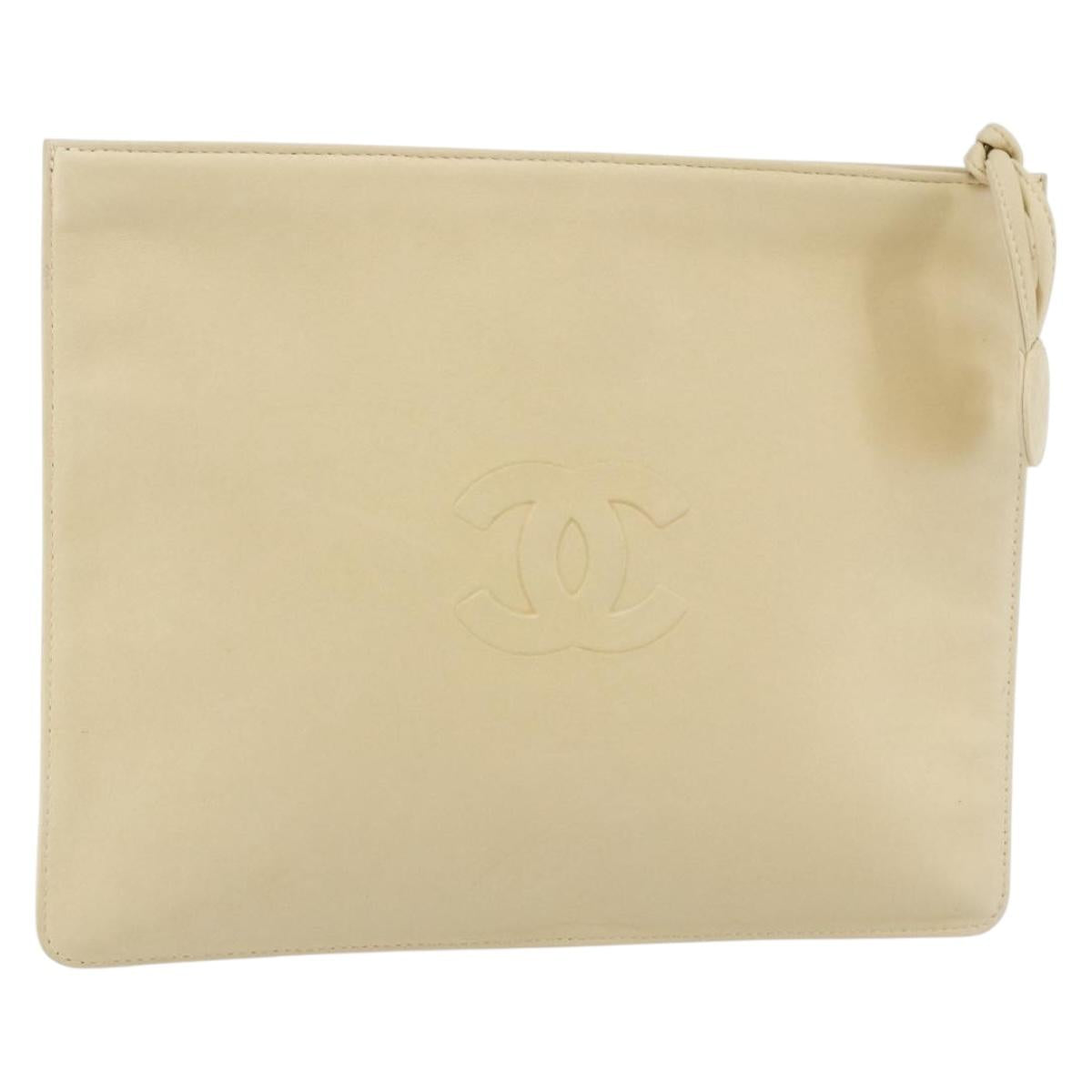 CHANEL camellia Pouch Lamb Skin Beige CC Auth bs29452