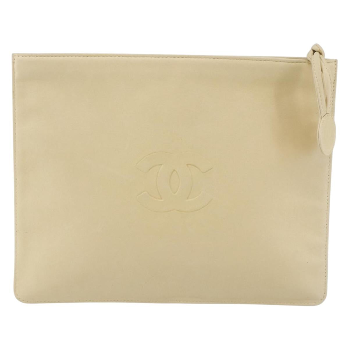 CHANEL camellia Pouch Lamb Skin Beige CC Auth bs29452