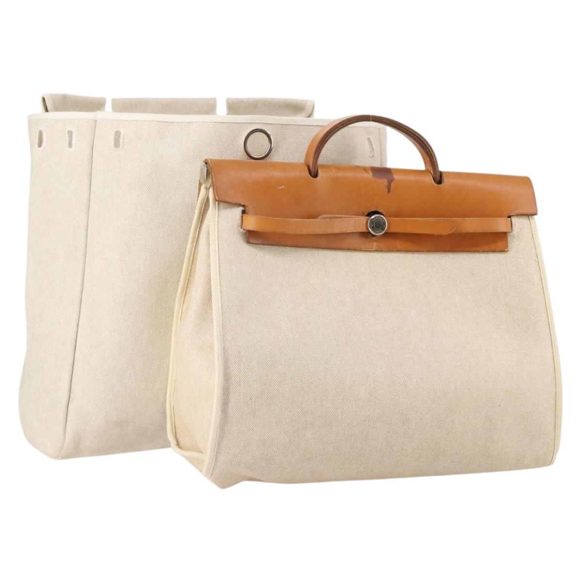 HERMES Tower ash Her bag MM Hand Bag Coated Canvas Beige Auth bs29477
