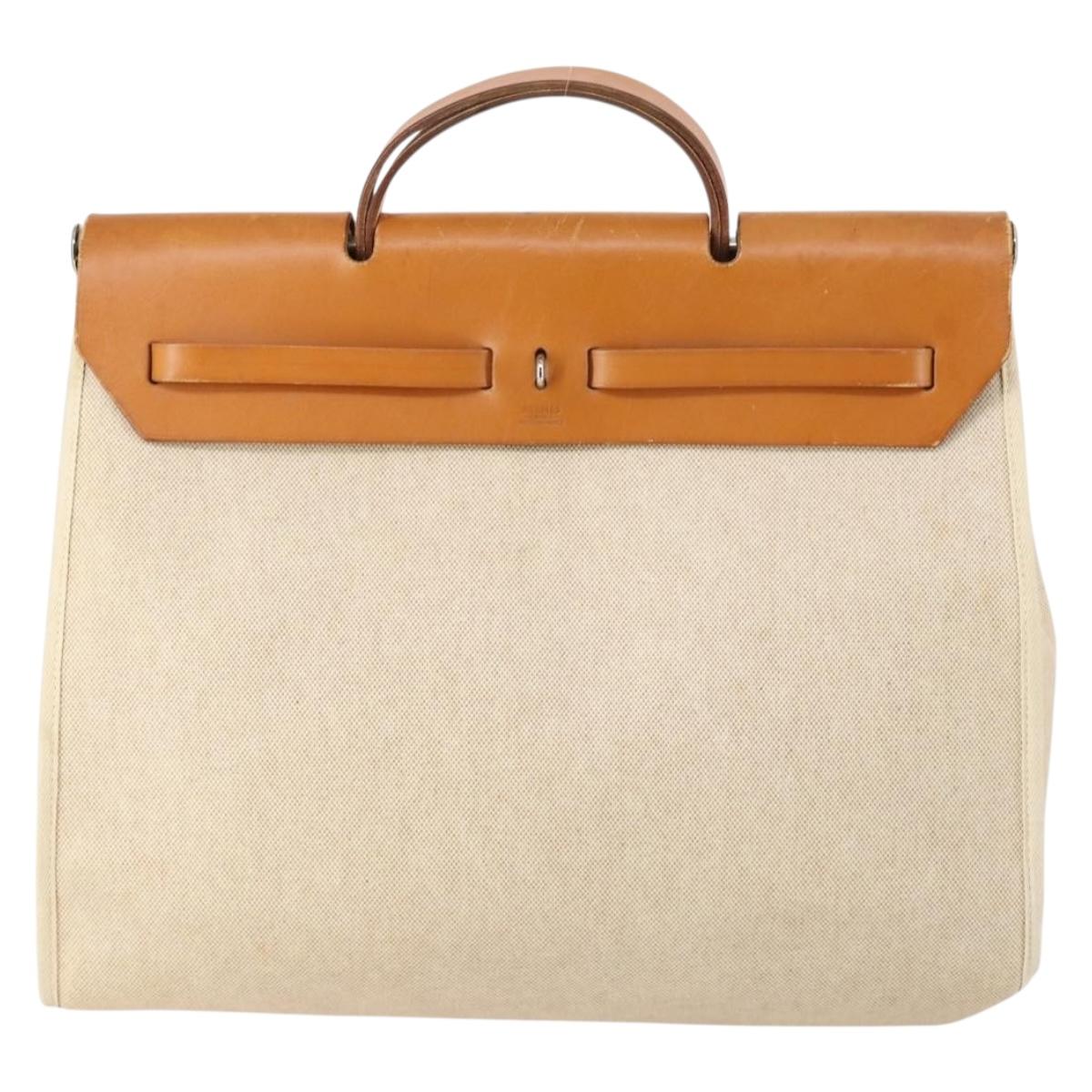 HERMES Tower ash Her bag MM Hand Bag Coated Canvas Beige Auth bs29477