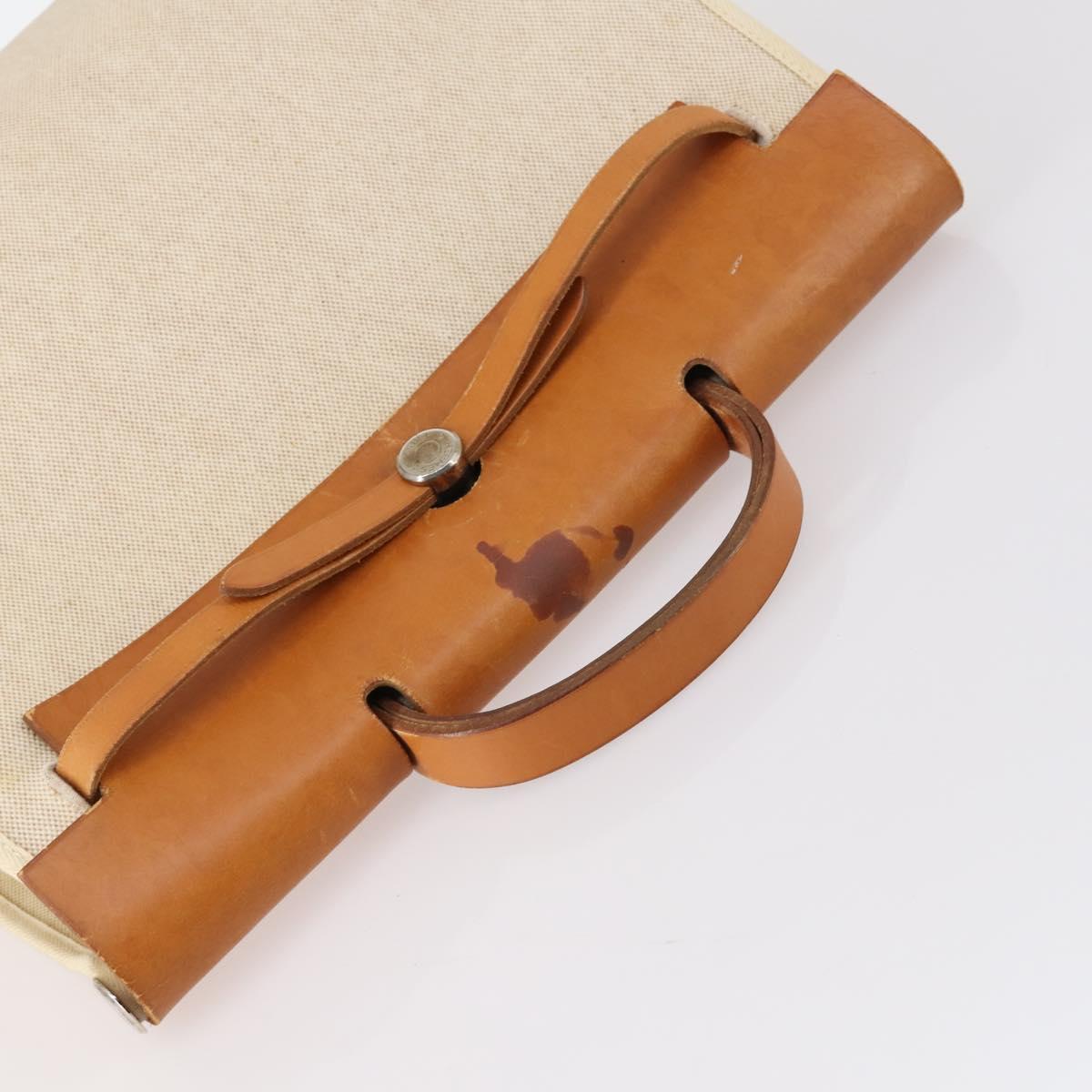 HERMES Tower ash Her bag MM Hand Bag Coated Canvas Beige Auth bs29477