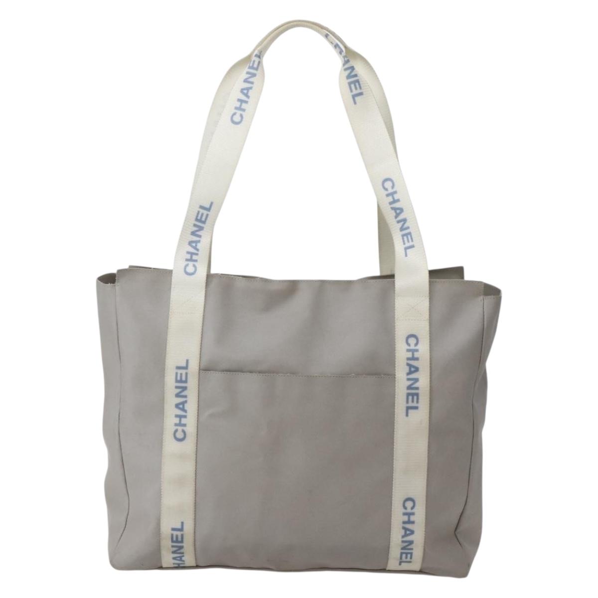 CHANEL Tote Bag Nylon Gray Silver CC Auth bs29478