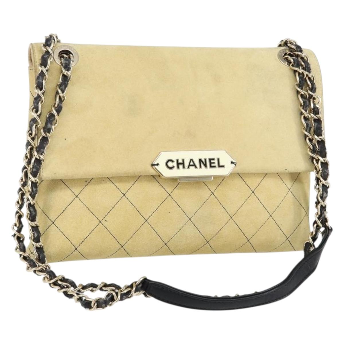 CHANEL Matelasse Chain Shoulder Bag Suede Beige gold CC Auth bs29483