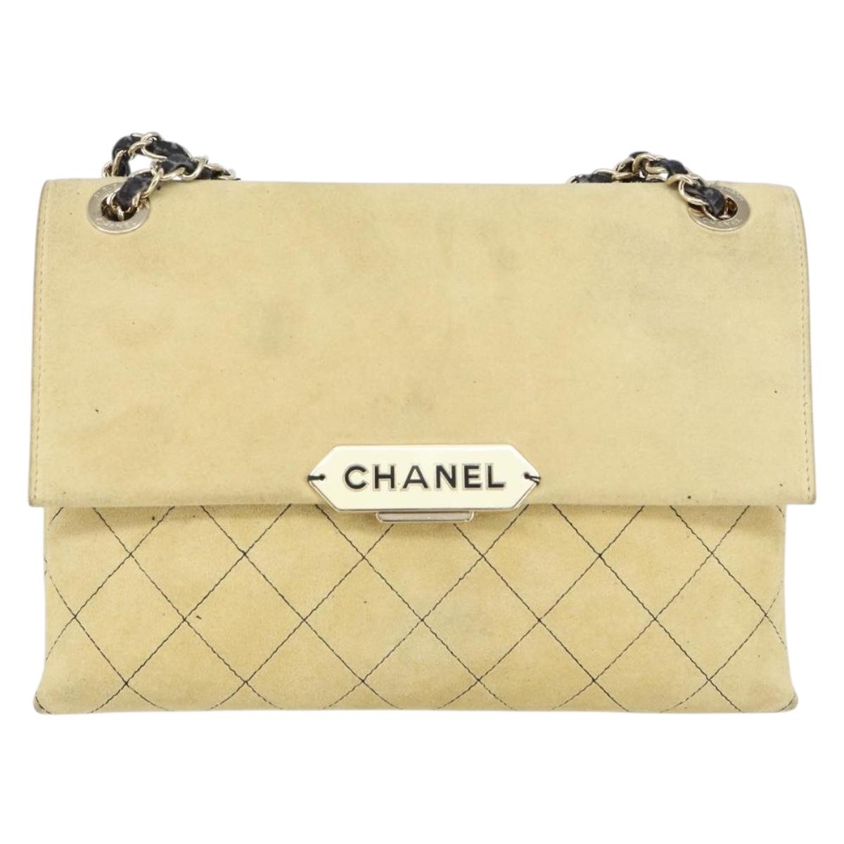 CHANEL Matelasse Chain Shoulder Bag Suede Beige gold CC Auth bs29483