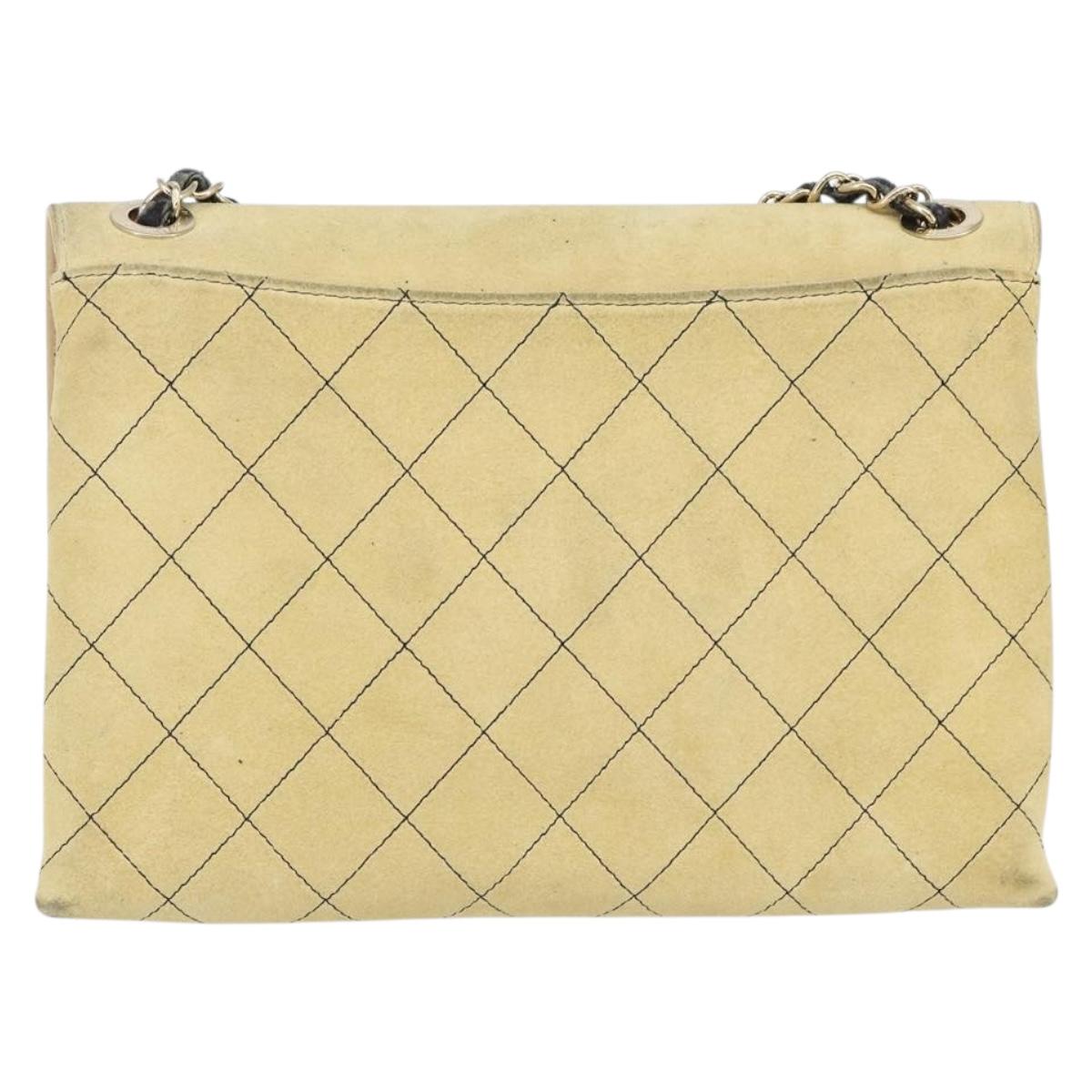 CHANEL Matelasse Chain Shoulder Bag Suede Beige gold CC Auth bs29483