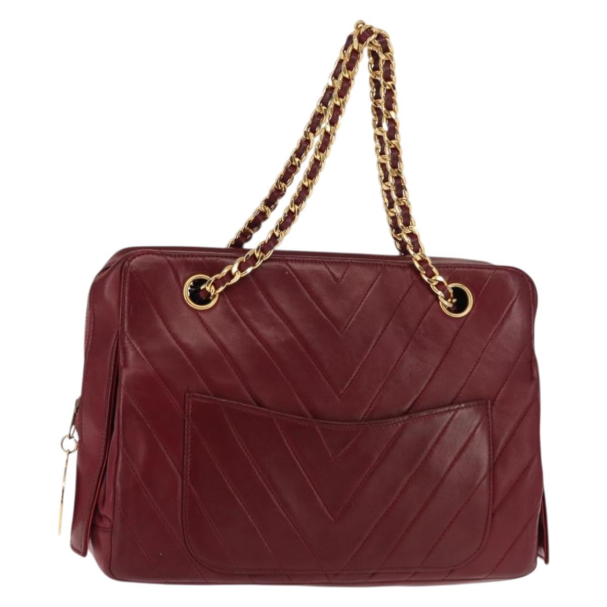 BALLY V Stitch Chain Hand Bag Lamb Skin Bordeaux Gold Auth bs29487
