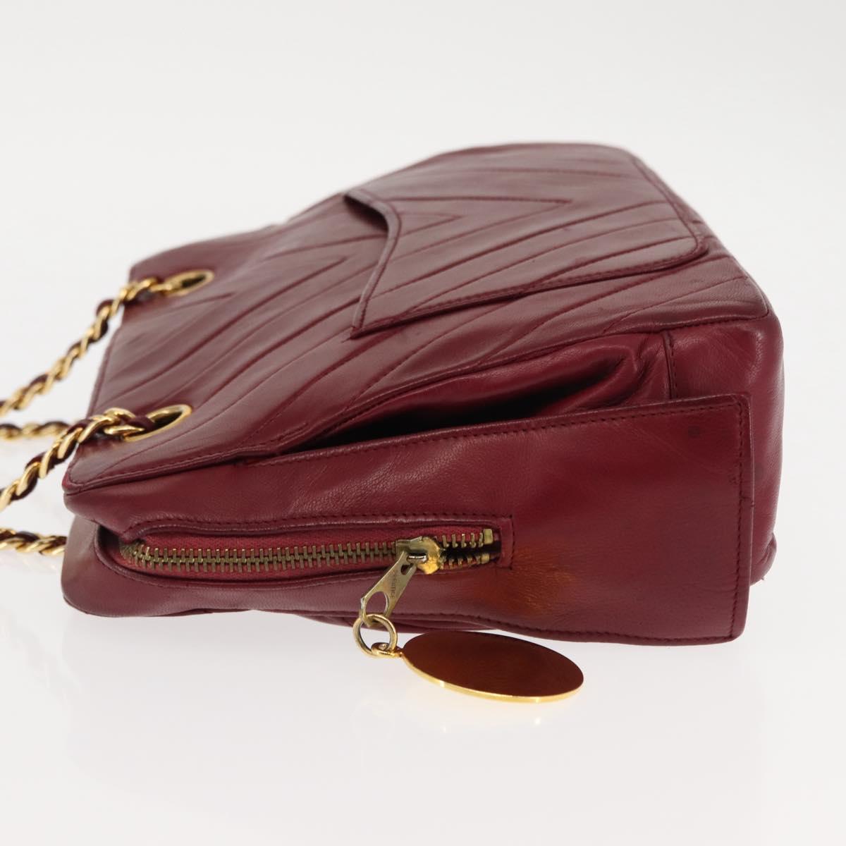 BALLY V Stitch Chain Hand Bag Lamb Skin Bordeaux Gold Auth bs29487
