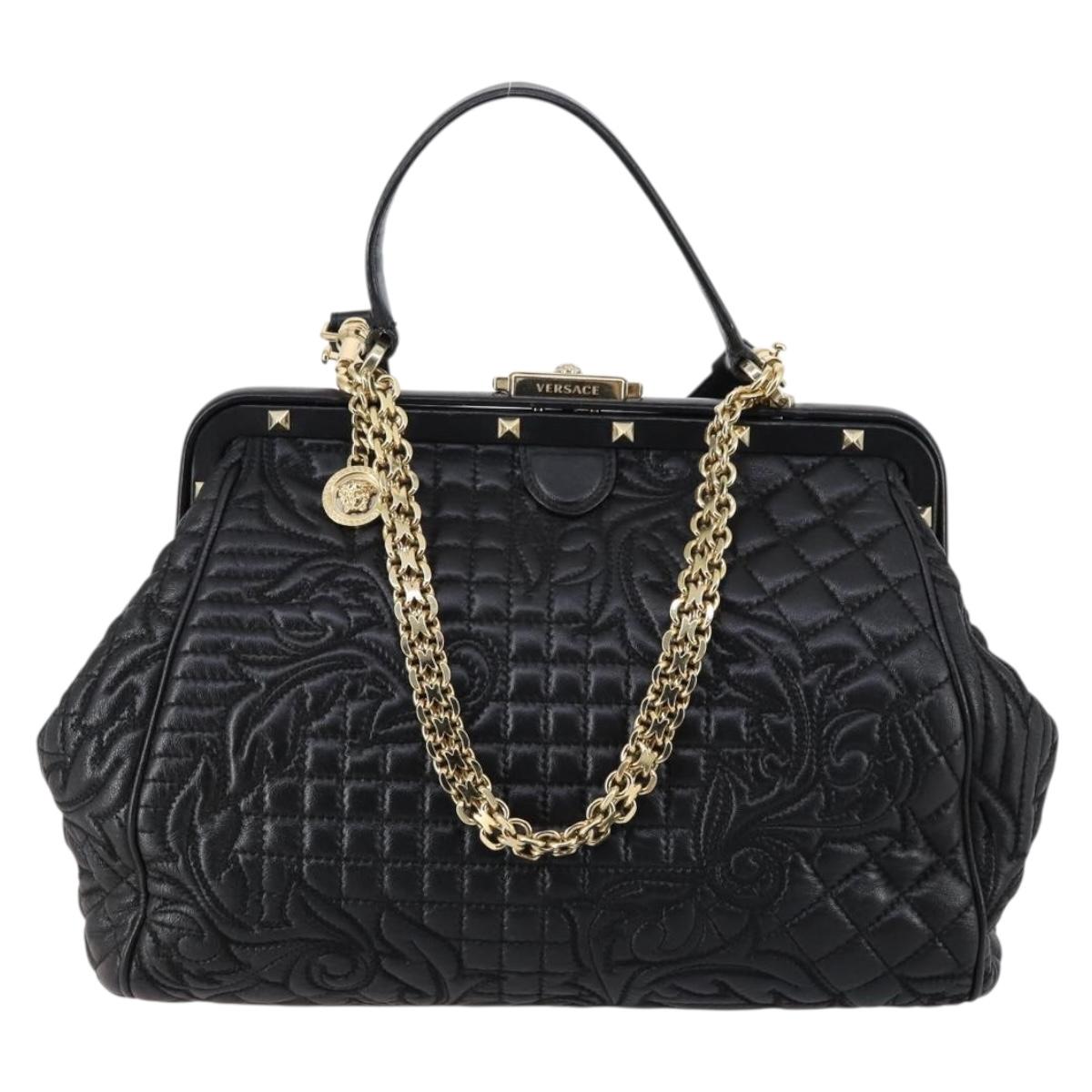 Gianni Versace Hand Bag Leather 2way Black Gold Auth bs29494