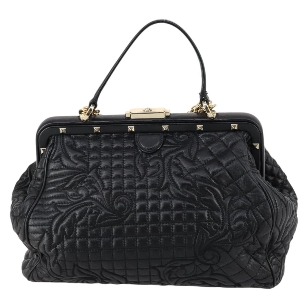 Gianni Versace Hand Bag Leather 2way Black Gold Auth bs29494