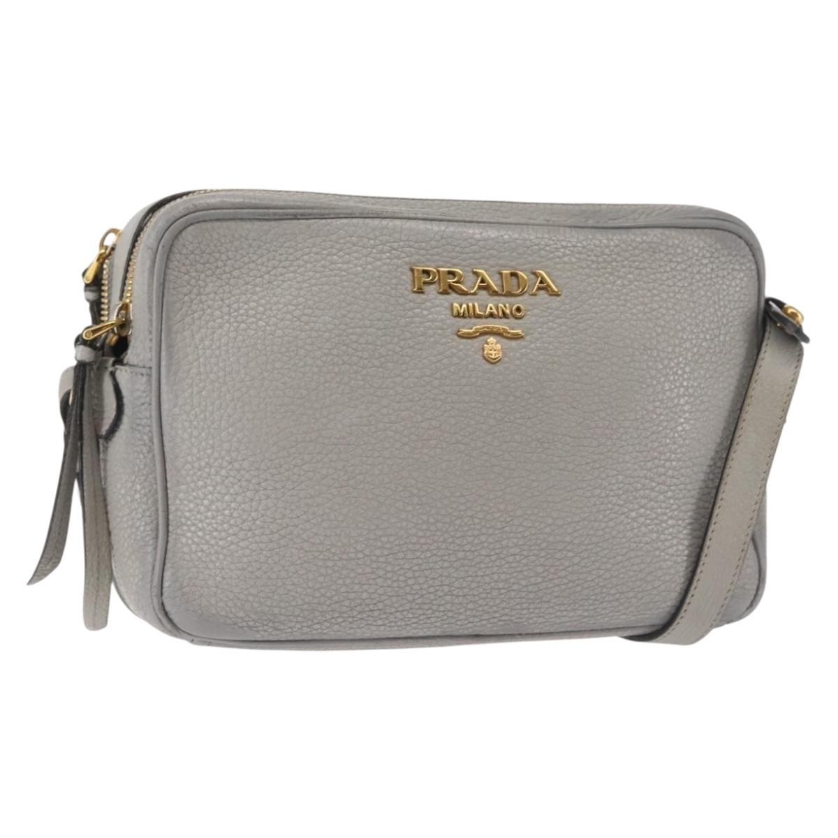 PRADA Shoulder Bag Leather Gray Gold Auth bs29496