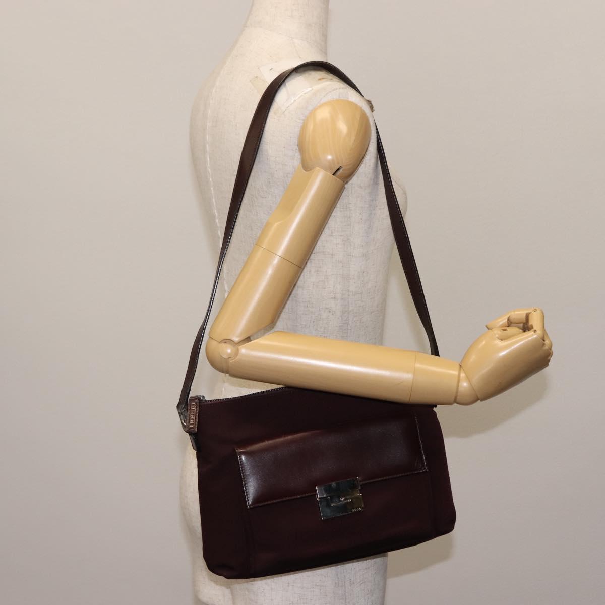 GUCCI Shoulder Bag Nylon Leather Brown Gold Auth bs29506