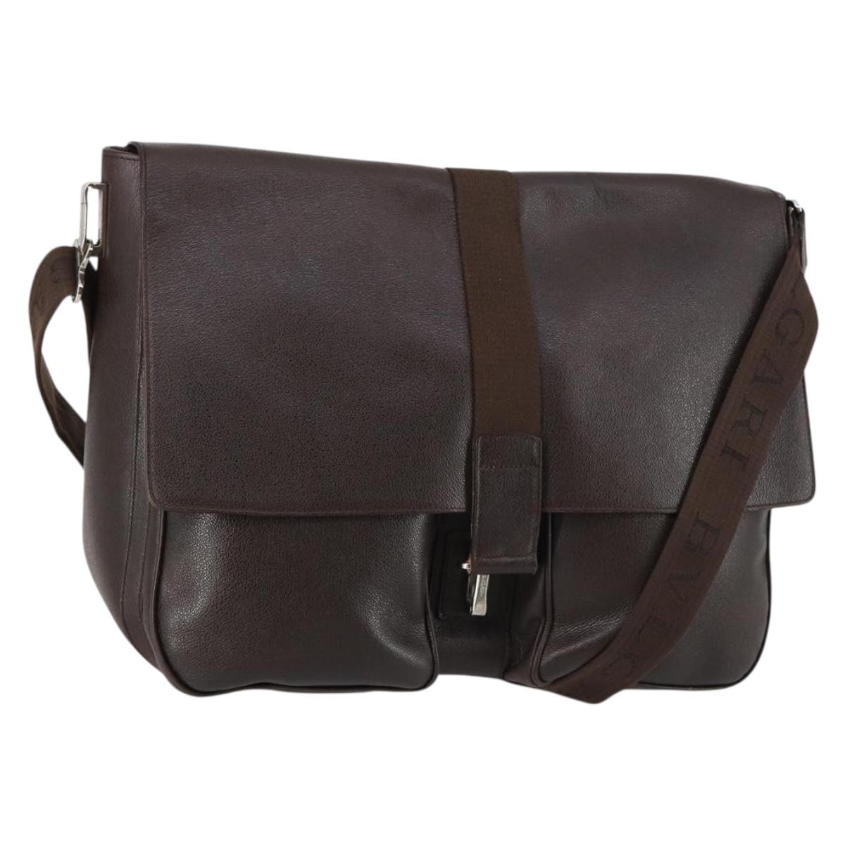 BVLGARI Shoulder Bag Leather Dark Brown Silver Auth bs29535