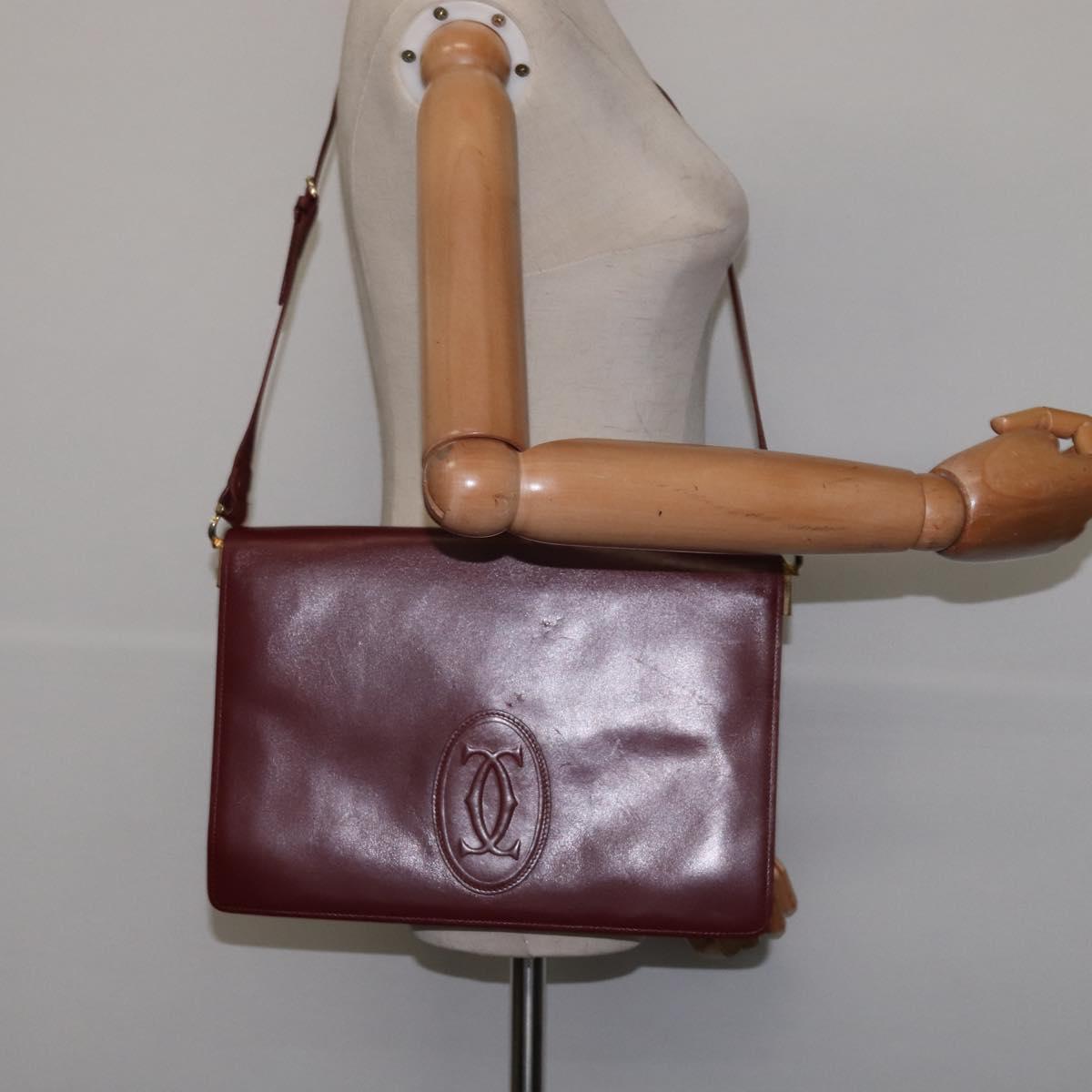 CARTIER Must Line Shoulder Bag Leather Bordeaux Gold Auth bs29536