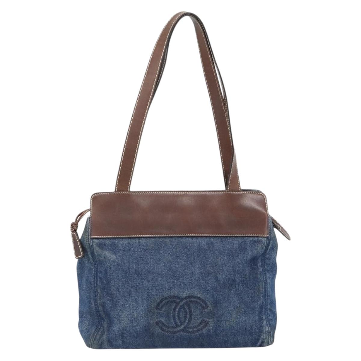 CHANEL Shoulder Bag Denim Blue Brown CC Auth bs29592